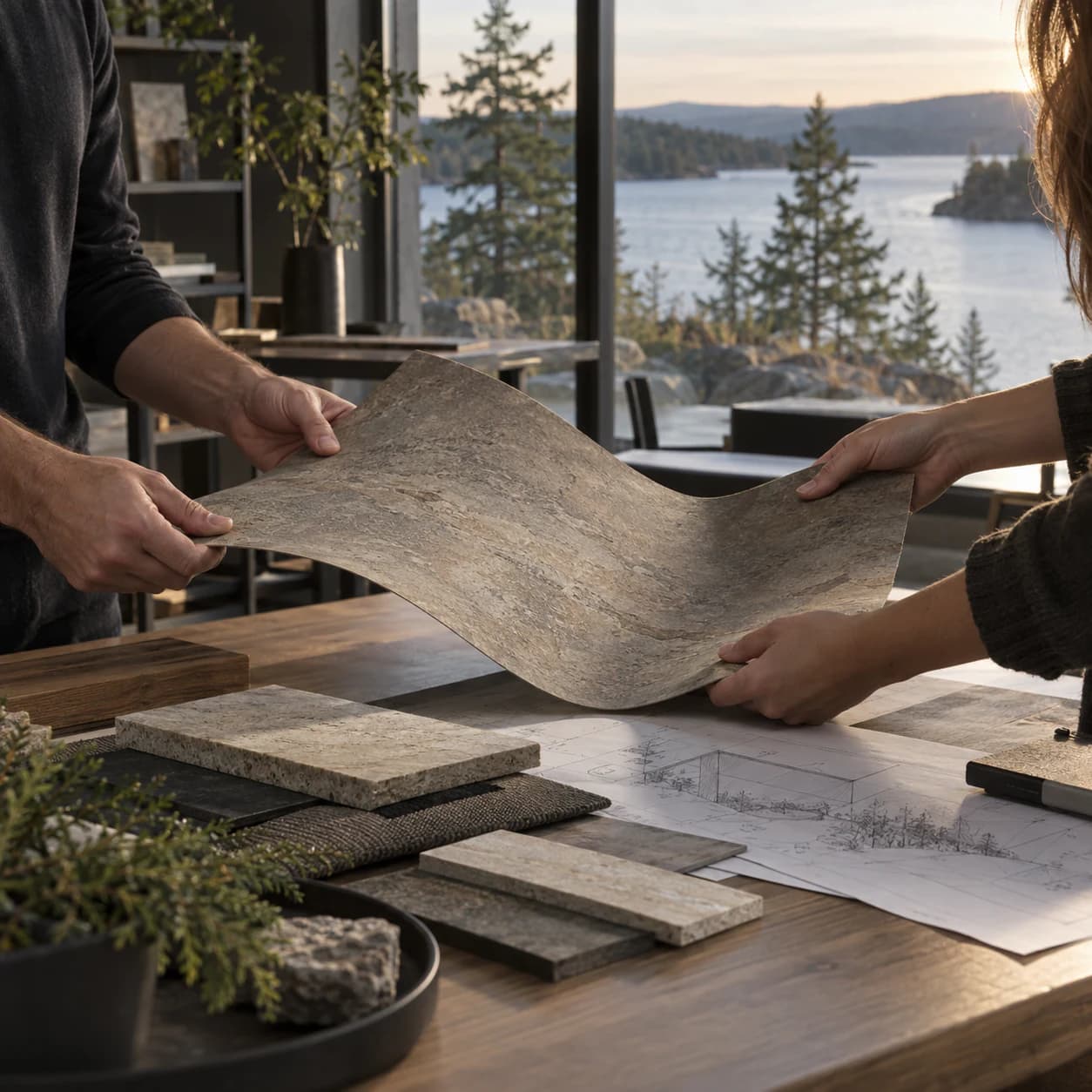 Collaborators examining a flexible mineral surface in a Canadian lakeside design studio