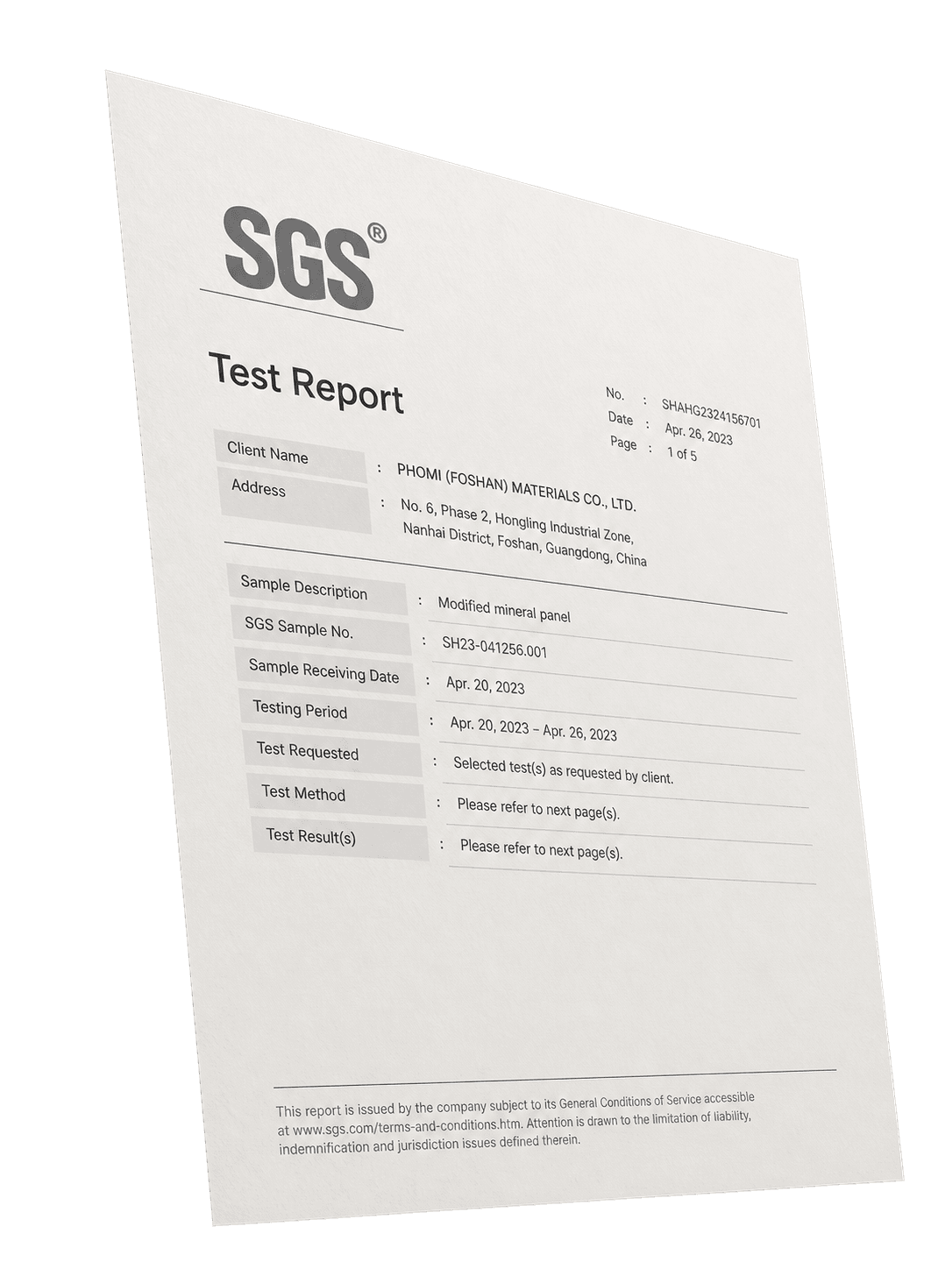 SGS material test report