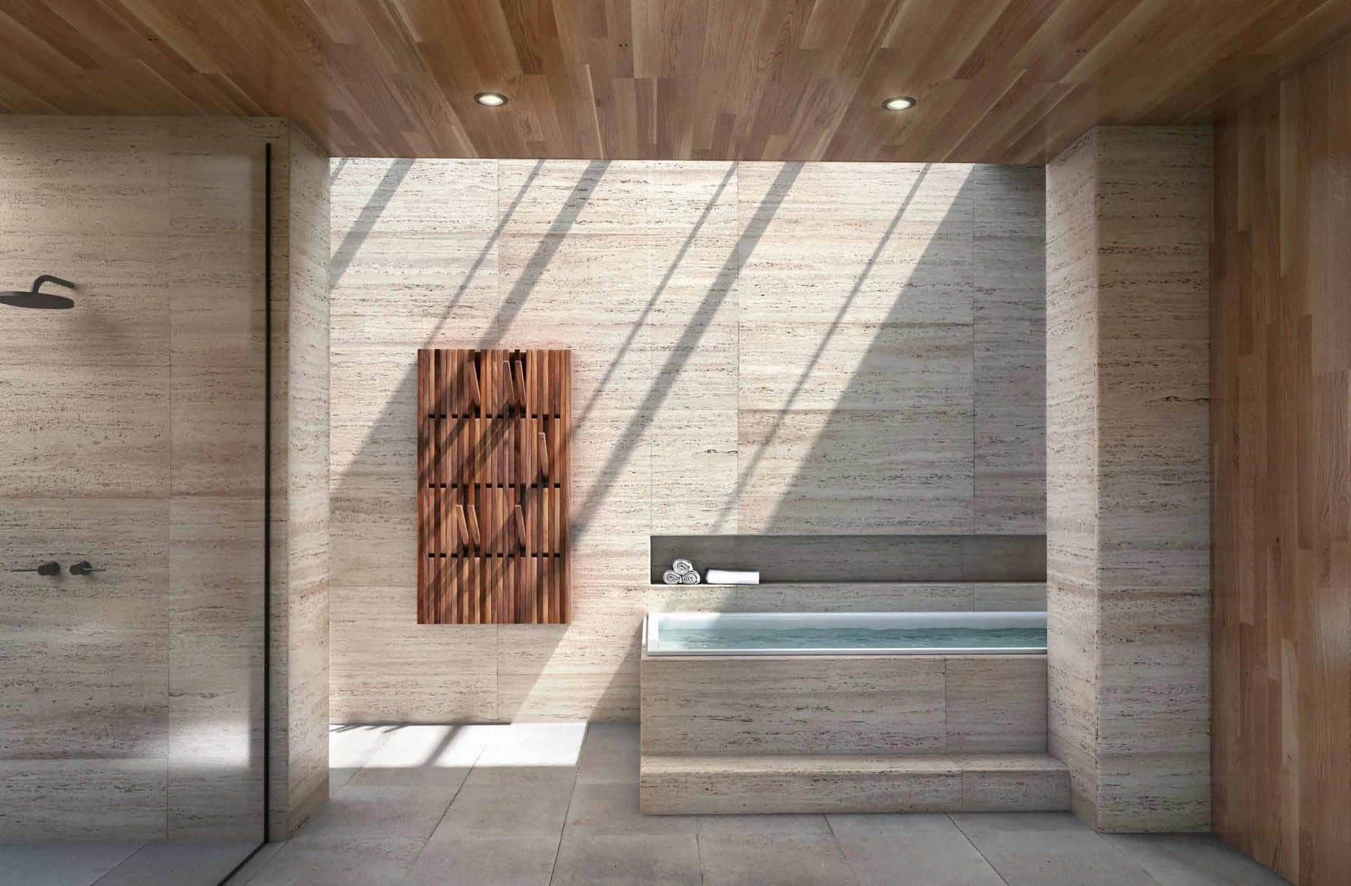 Rome Travertine DIY eCovering in a sunlit bathroom with stone-textured walls and a sculptural vanity