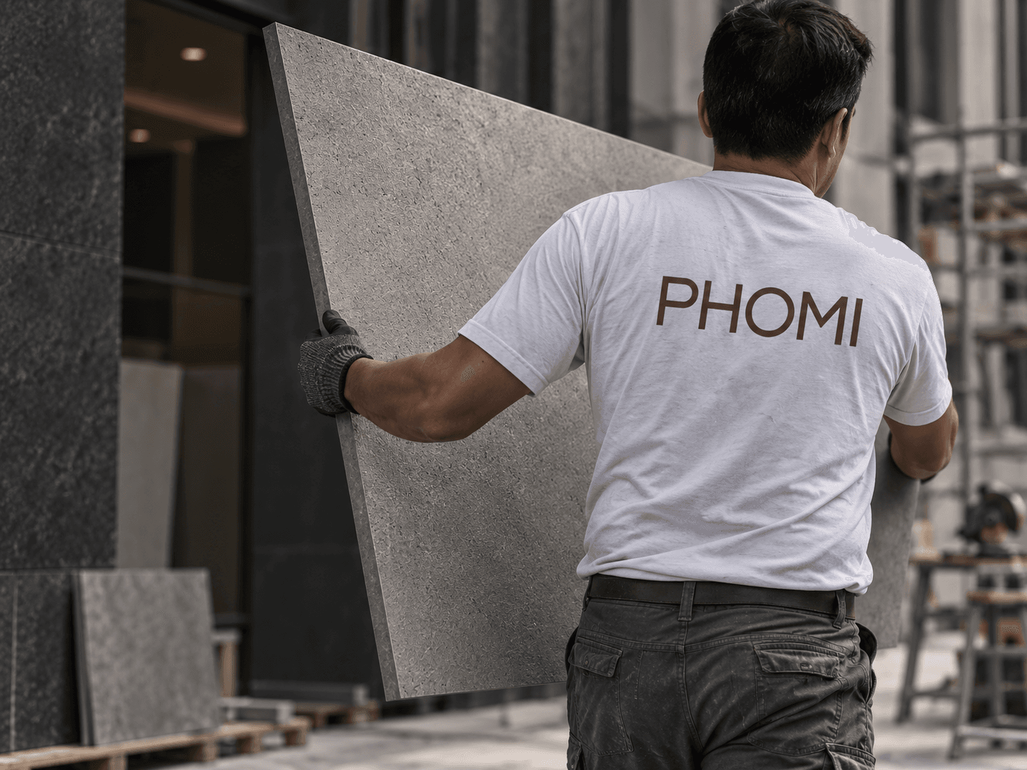 An installer positioning a large, thin PHOMI panel on an exterior wall