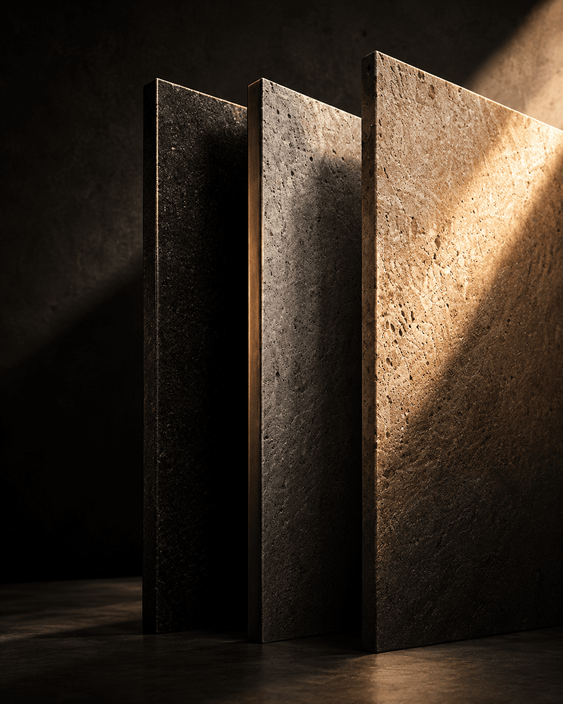 Three upright MCM architectural surface panels in dark stone and warm mineral finishes.