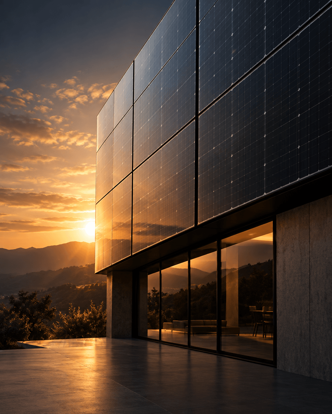 A contemporary building facade fitted with eBIPV panels in warm evening light.