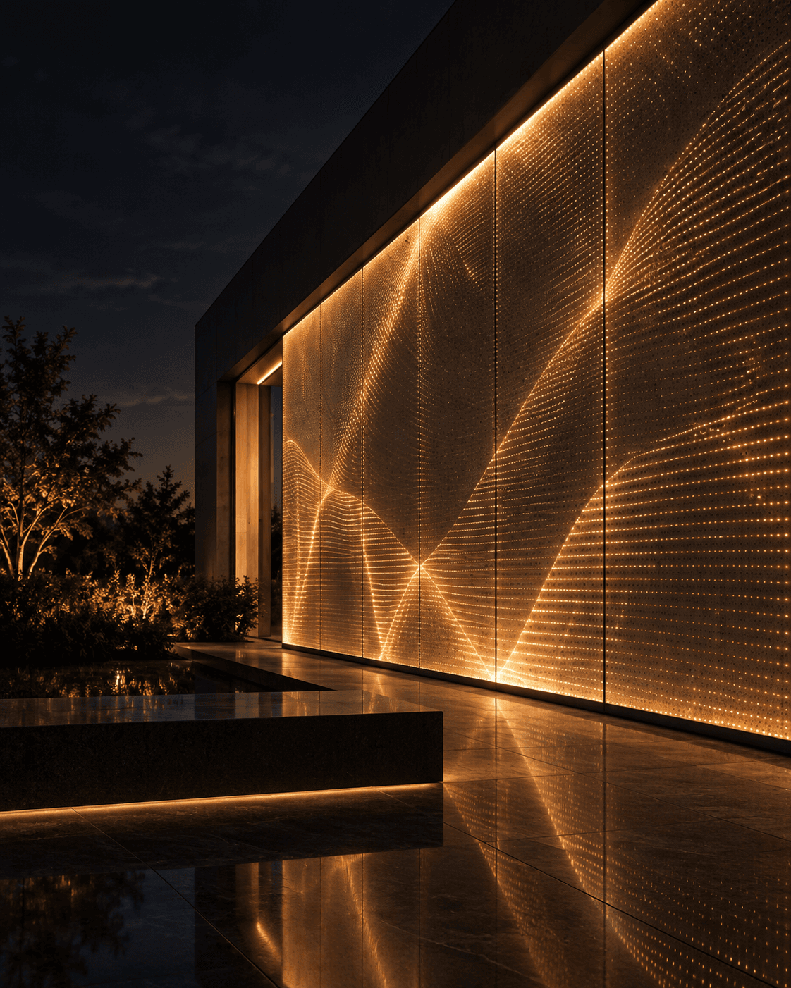 An architectural eDisplay facade glowing with a warm patterned light installation.