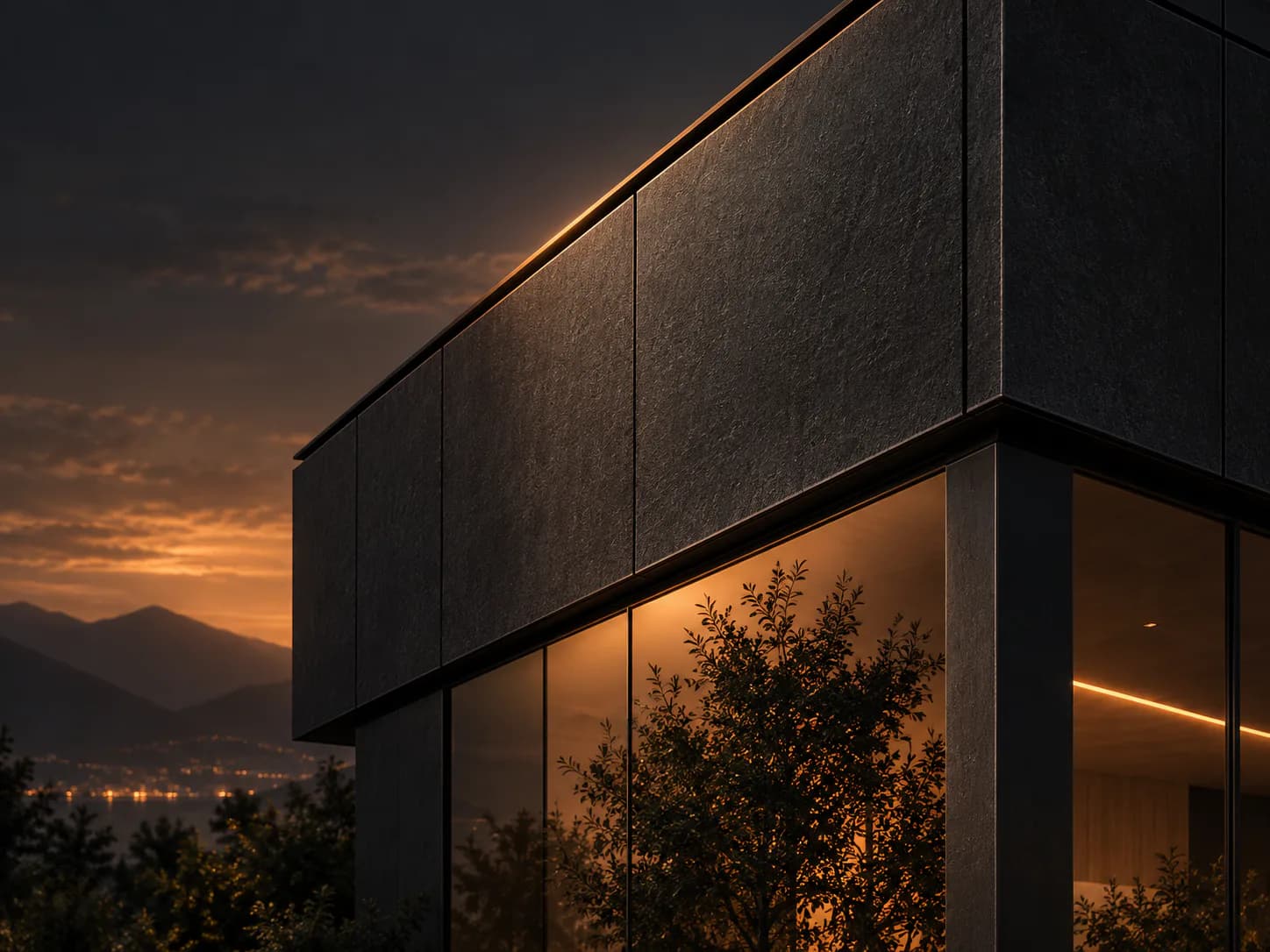 A contemporary building whose dark eBIPV facade is integrated into its architecture.