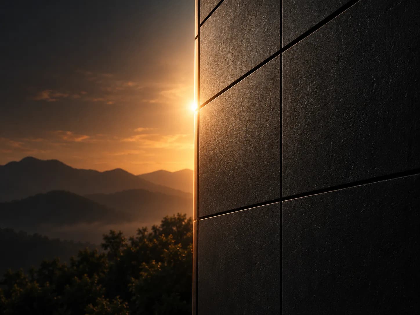 Sunlight grazing an eBIPV-clad facade at the edge of a mountain landscape.