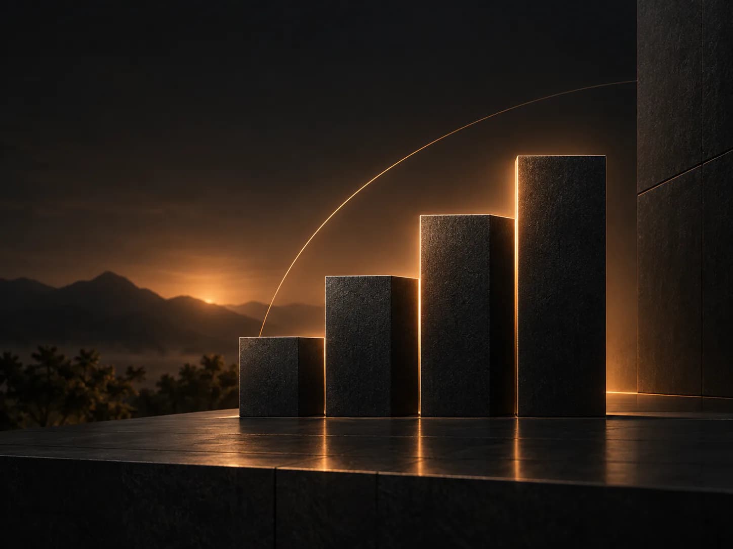 Ascending architectural blocks illuminated along their edges to suggest long-term value.