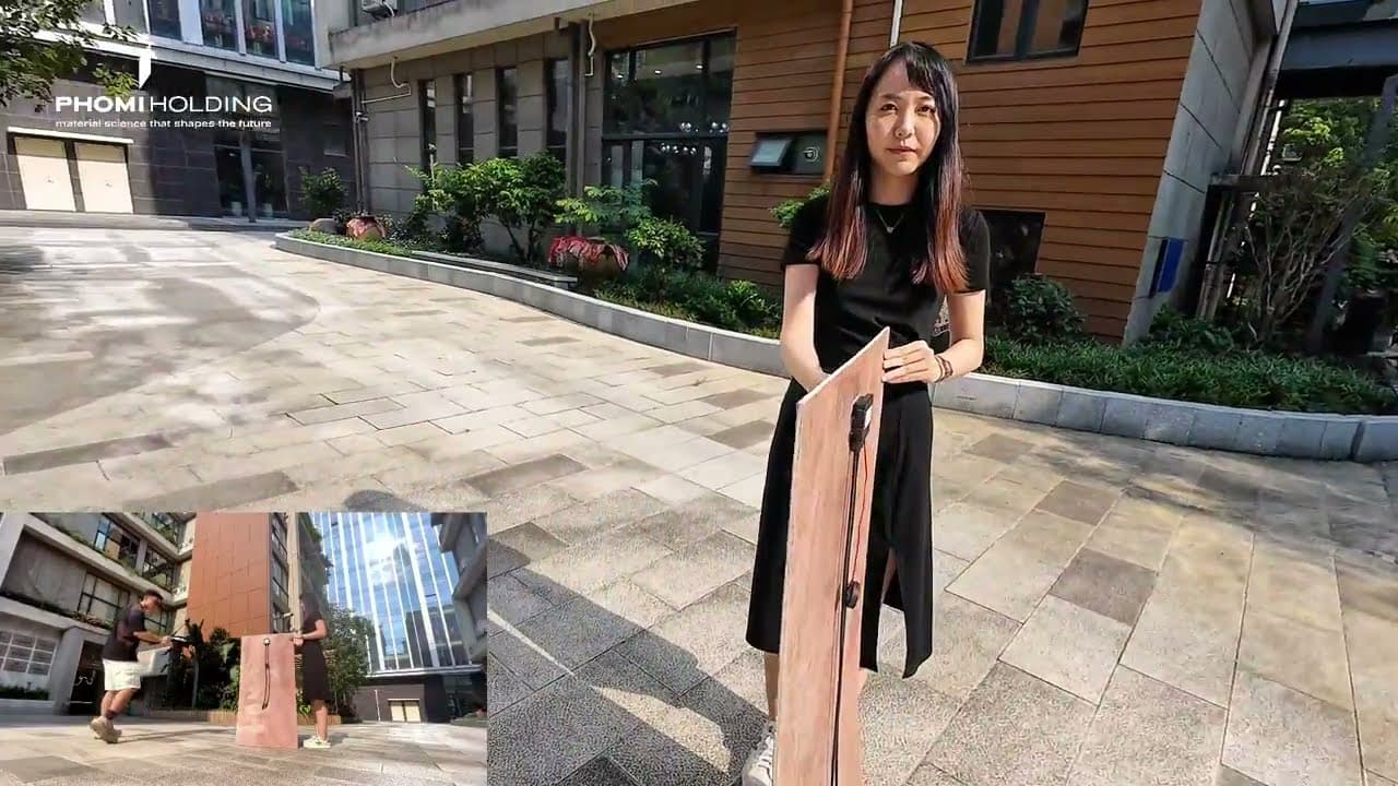 A PHOMI Holding presenter standing in a planted courtyard, holding a tall stone-look eBIPV panel upright with its junction box and cable running down the face, beside an inset frame of the same panel being carried toward a clad building.