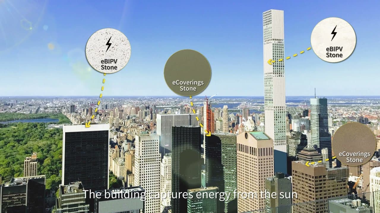 An aerial view across a dense city of towers, with circular callouts labelled eBIPV Stone and eCoverings Stone pointing by dashed lines to four of the buildings, over the caption “The building captures energy from the sun”.