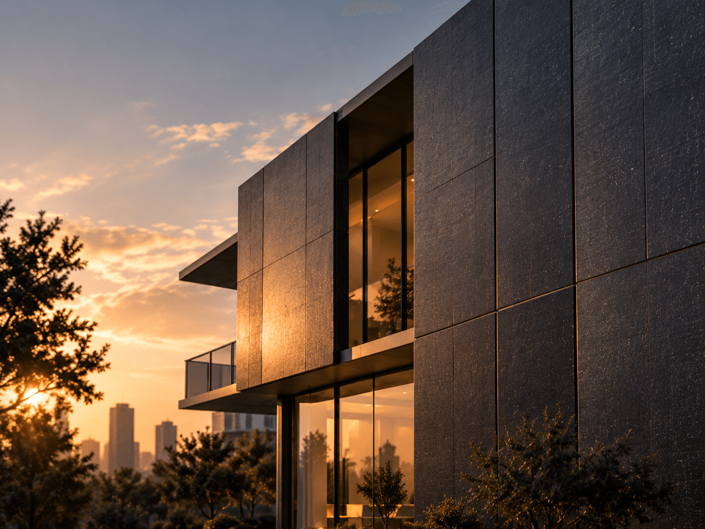 Dark eBIPV facade panels integrated into a contemporary building exterior.