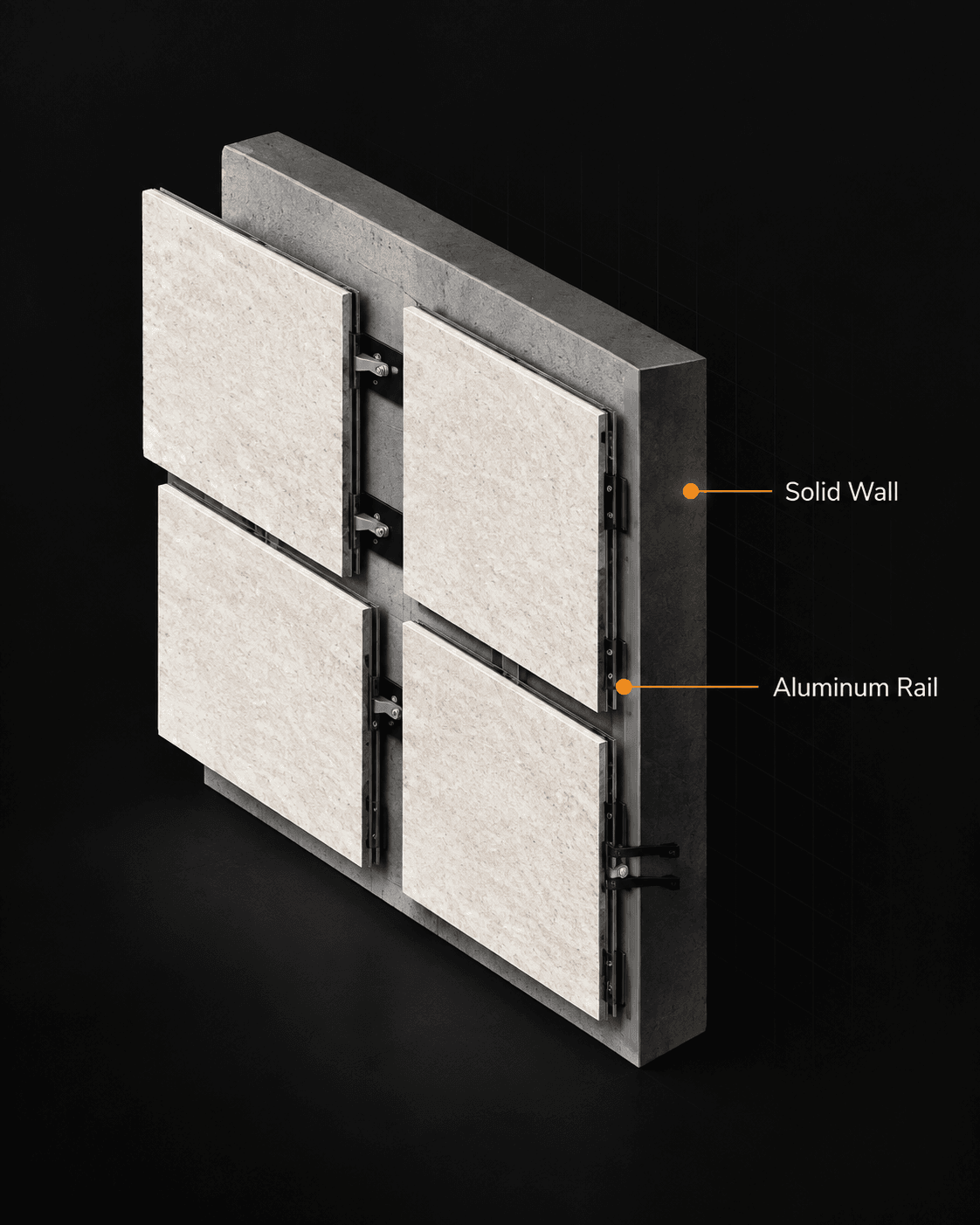 Cutaway drawing of four stone-look panels sliding onto aluminium rails mounted across a solid wall, with arrows showing the direction of engagement and labels reading Solid Wall and Aluminum Rail.