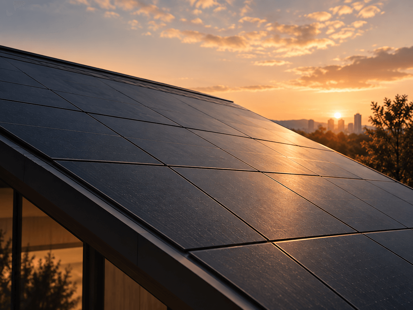 eBIPV roof panels catching warm late-day sunlight.