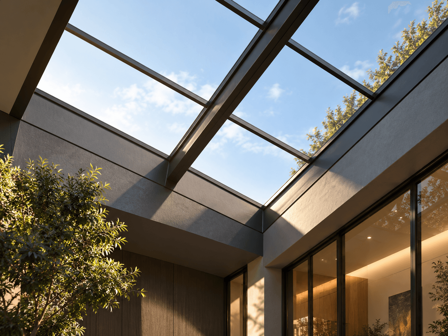 A glazed roof and skylight system bringing daylight into an interior courtyard.