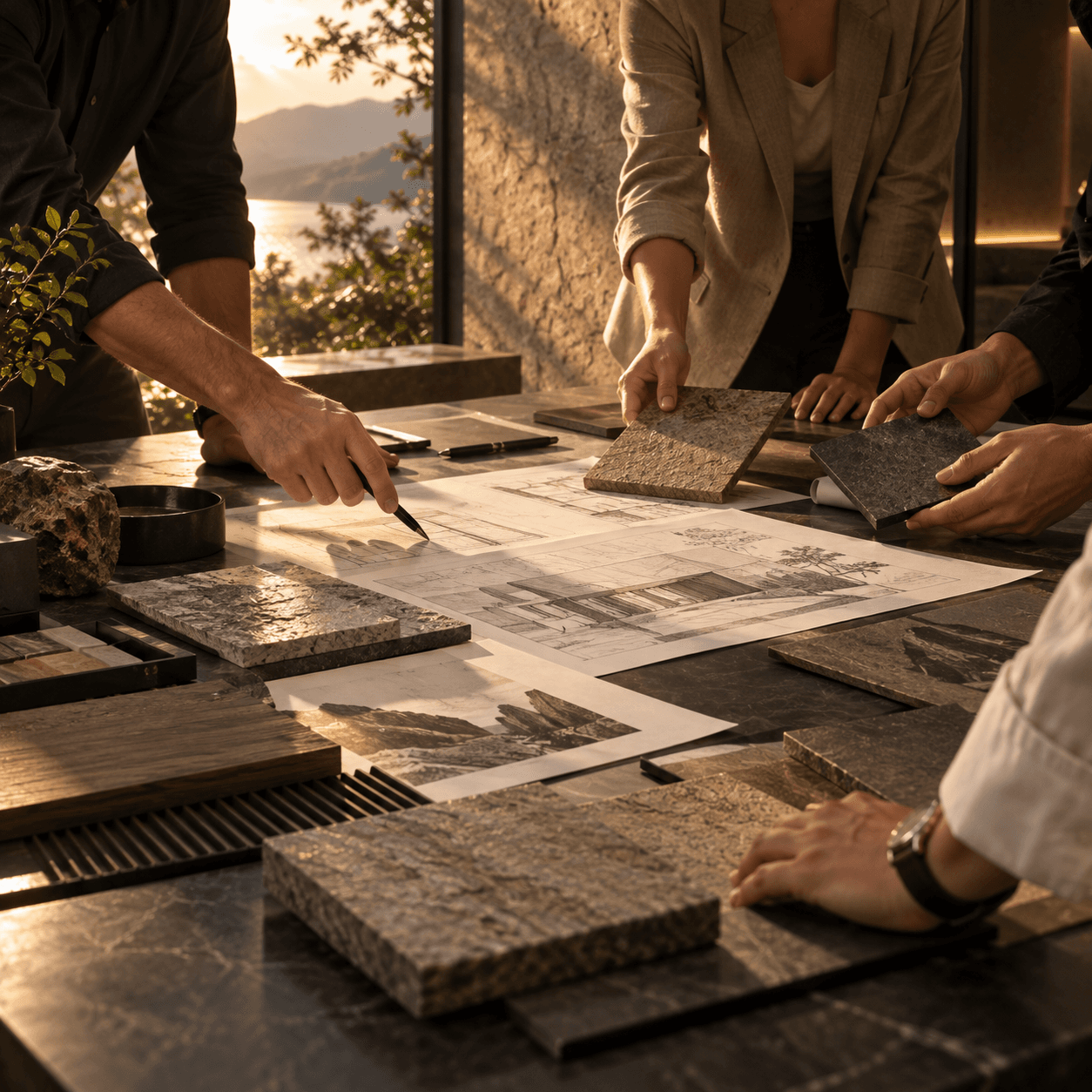 Project team collaborating over drawings and material samples