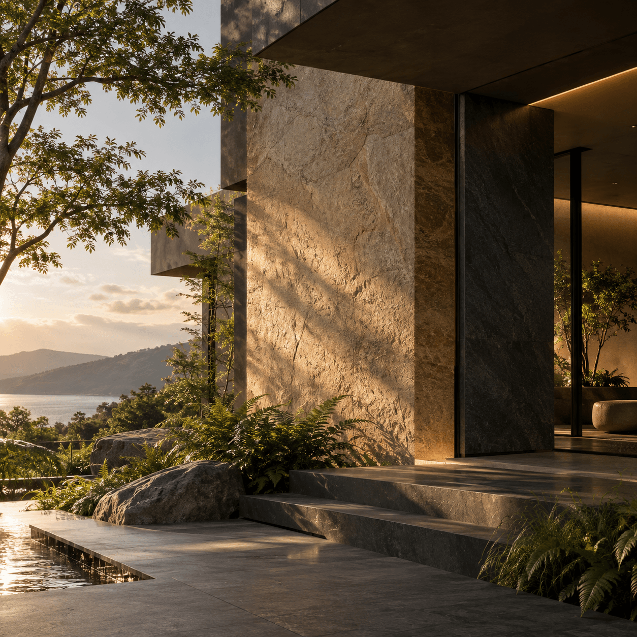 Stone-clad retreat surrounded by trees beside a lake in warm evening light