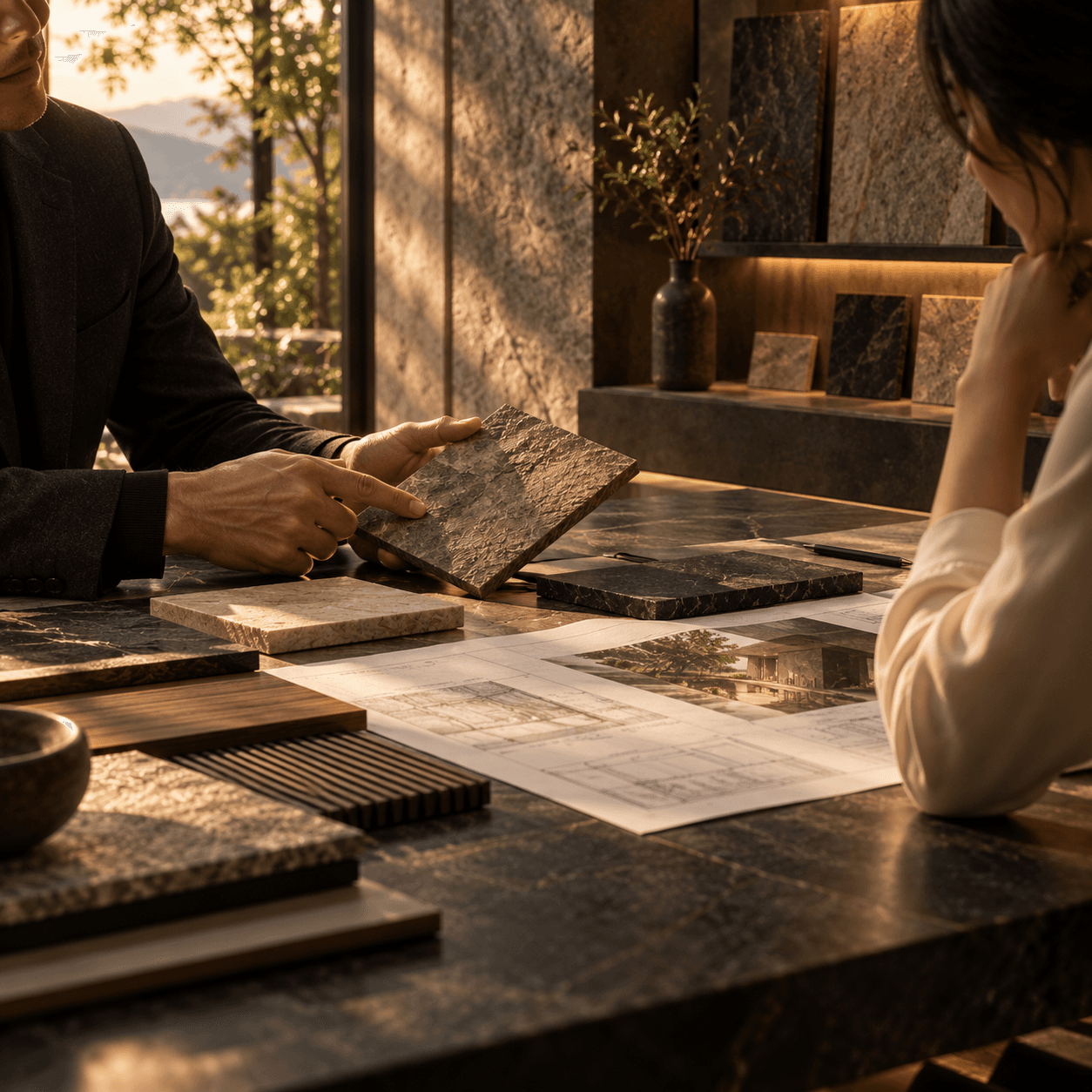 Material specialist discussing architectural surface samples with a client