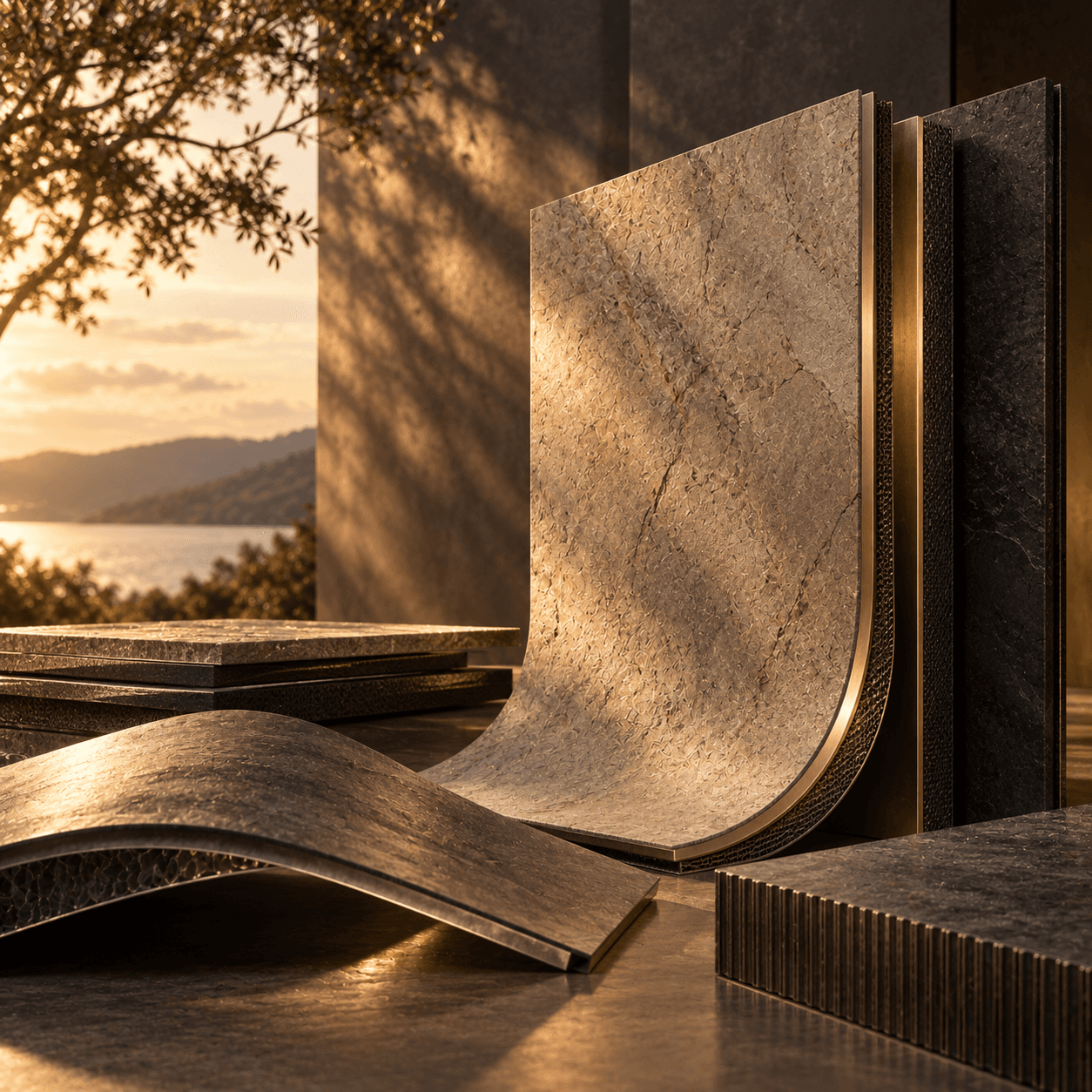 Flexible architectural surface panels curved into sculptural forms