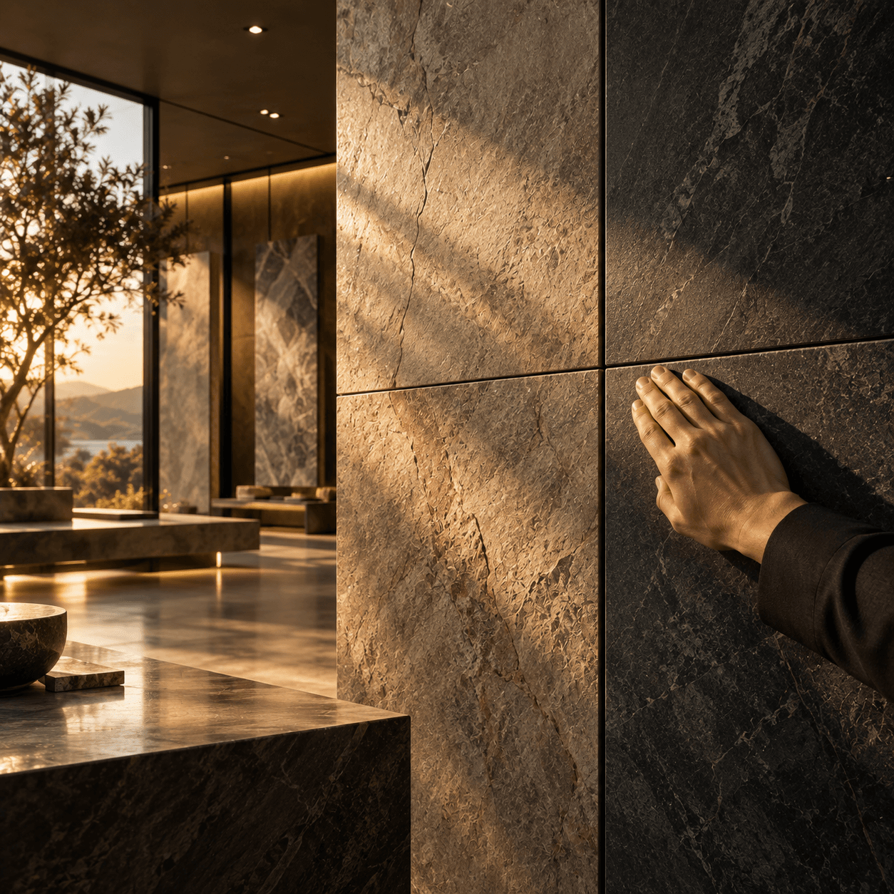 A hand inspecting the finish and alignment of installed stone surfaces