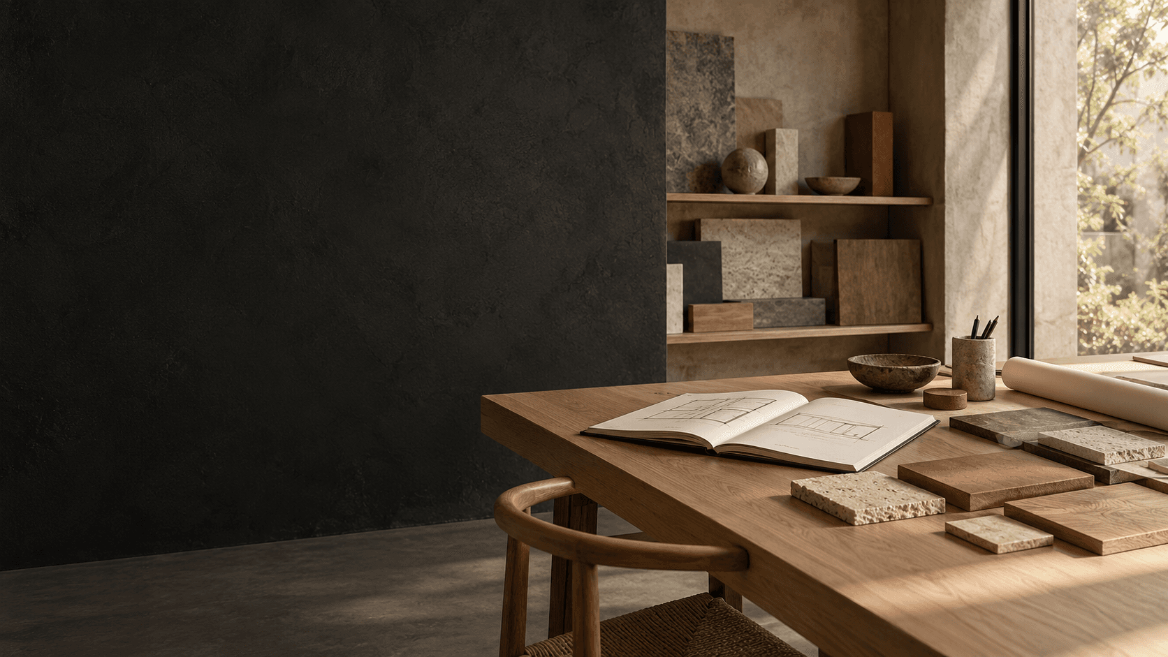 Architectural design studio concept with material samples and an open sketchbook beside a window