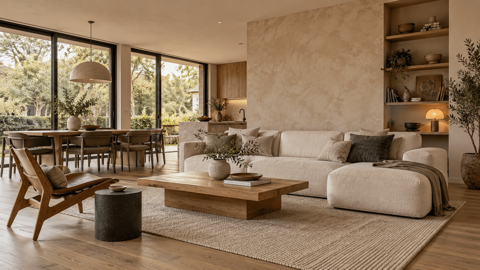 An interior design concept with warm neutral finishes, oak furniture and natural daylight in an open-plan living space