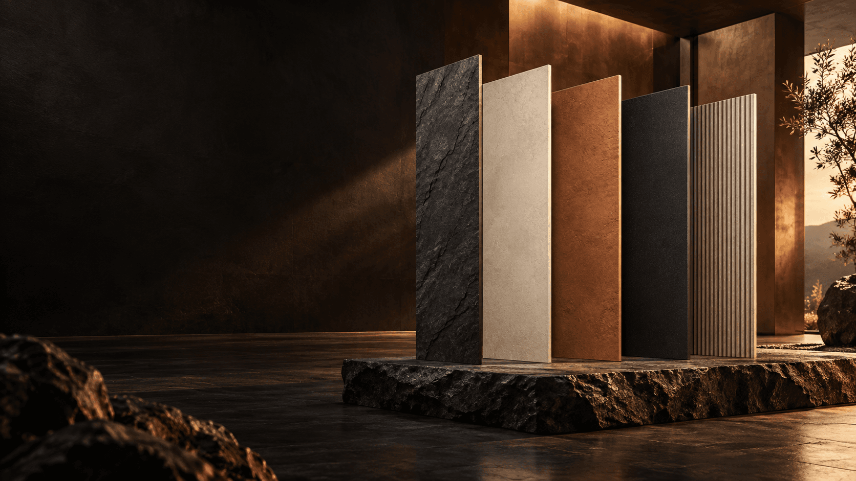 A sculptural display of PHOMI mineral panel finishes